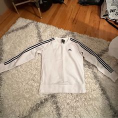 Adidas Pull Over Sweatshirt Size Small Never Worn White Long Sleeve Sweatshirt With Three Stripes, Adidas White Sweatshirt For Spring, White Adidas Sweatshirt For Spring, Casual White Sweatshirt With Three Stripes Branding, Casual White Adidas Sweatshirt, White Top With Three Stripes For Fall, White Crew Neck Sweatshirt With Three Stripes, White Three Stripes Crew Neck Sweatshirt, White Adidas Sweatshirt With Three Stripes