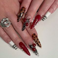 Edgy Stiletto Nails, Blue Diamond Nails, Rocker Nails, Rockstar Nails, Leopard Print Nails, Nails Aesthetic, Her Nails, Bling Acrylic Nails, Diamond Nails