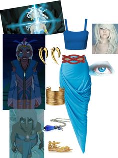 the costume is blue and has various accessories