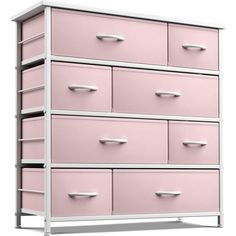 a white and pink dresser with drawers on the bottom shelf, in front of a white background