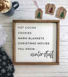 hot cocoa cookies warm blankets christmas movies you know winter stuff is on the table next to it