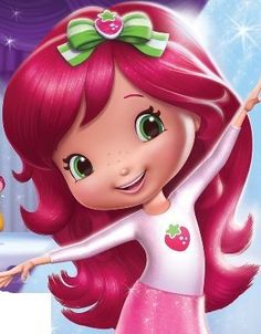 the strawberry shortcake fairy has pink hair and is holding a sign with her hand