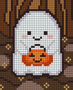 a cross stitch pattern with a ghost holding a pumpkin