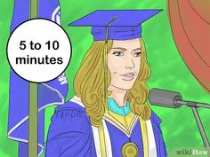 a woman wearing a graduation cap and gown standing in front of a microphone with the words 5 to 10 minutes above her head