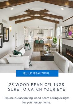 a living room with white furniture and wood beams on the ceiling is featured in this article