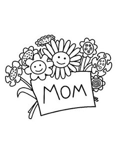 a bouquet of flowers with the word mom written on it, in black and white