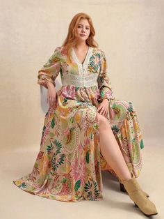 Women Plus Size Bohemian Floral Lace Long Sleeve Leisure Dress Music Festival Beach Vacation Pink Boho  Long Sleeve Woven Fabric Tribal,Tropical,Plants,All Over Print A Line Non-Stretch  Women Plus Clothing, size features are:Bust: ,Length: ,Sleeve Length: Leisure Dress, Plus Size Bohemian, Holiday Maxi Dress, Collared Shirt Dress, Tie Waist Dress, Maxi Shirt Dress, Lace Long Sleeve, Bohemian Floral, Pink Boho