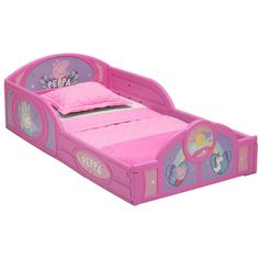 Oh! Your little one will go hog wild for this Peppa Pig Plastic Sleep and Play Toddler Bed by Delta Children! Featuring colorful decals of Peppa, Rebecca Rabbit and Suzy Sheep, this kids toddler bed will inspire the sweetest dreams. The beds low mattress height and built-in guardrails make it the best option for your childs first big-kid bed, giving them the independence they crave while keeping them safe throughout the night. And thats not all, the beds versatile plastic frame can also be used Pink Toddler Bed, Toddler Floor Bed Frame, Kids Toddler Bed, Play Beds, Toddler Floor Bed, Trolls World Tour, Poppy And Branch, Big Kid Bed, Toddler Mattress