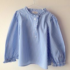 Beautiful Jcrew Blouse For Girls New With Tags White And Blue Stripes Cute Long Sleeve Blue Tops, Striped Long Sleeve Top With Ruffles, Blue Long Sleeve Ruffled Shirt, Cute Light Blue Cotton Blouse, Blue Ruffled Relaxed Fit Top, Cute Light Blue Shirt For Spring, Striped Crew Neck Cotton Blouse, Striped Cotton Crew Neck Blouse, Blue Crew Neck Top With Ruffles