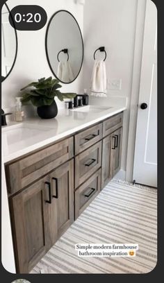 an image of a bathroom with two mirrors on the wall and a plant in the middle