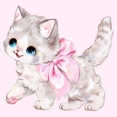 a drawing of a kitten with a pink bow on it's neck and eyes