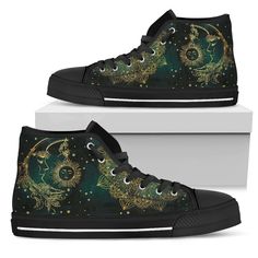 Sun and Moon High Tops for Women Canvas Shoes Black Sneakers Custom High Tops, Custom Sneakers, Custom Shoes. ★ Canvas double-sided print. ★ Durable rubber outsole and toe cap. ★ Lace-up closure for a snug fit. ★ Soft textile lining with lightweight construction for maximum comfort. ★ High-quality EVA outsole for traction and exceptional durability. Handcrafted on-demand with love and care just for you! SATISFACTION GUARANTEED Shipping Times - We ship worldwide. This product is handmade and made Womens High Top Shoes, Black High Tops, Gothic Style, Sun And Moon, Black Sneakers, Style Women, High Top Shoes, Sun Moon, Dinosaur Print