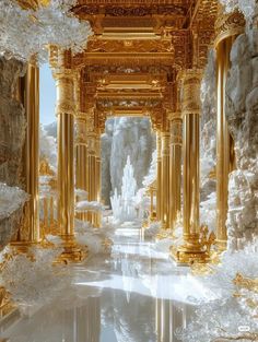 an artistic view of a golden building with columns and snow on the ground in front of it