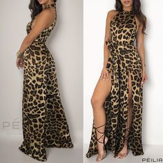 Peilia - Seductive Leopard Print Sleeveless Jumpsuit with Long Side Split and Belted Waist Sleeveless Leopard Print Jumpsuit For Summer, Chic Sleeveless Leopard Print Jumpsuit, Sleeveless Leopard Print Jumpsuits And Rompers For Summer, Fitted Split Jumpsuits And Rompers For Party, Fitted Jumpsuits And Rompers With Split For Party, Chic Leopard Print Jumpsuits And Rompers For Party, Chic Sleeveless Club Jumpsuits And Rompers, Chic Sleeveless Jumpsuits And Rompers For Club, Cloth Belt