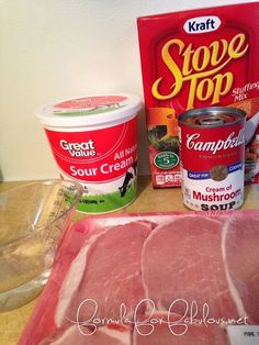 the ingredients to make soup are displayed on a counter top, including meat and ice cream