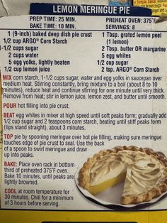 a menu for lemon meringue pie with instructions