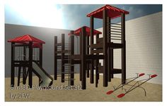 an animated playground set with swings and slides