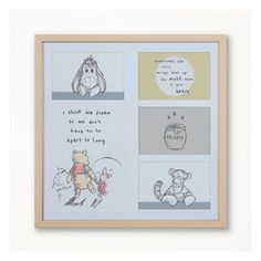 a winnie the pooh poster hanging on a wall next to a white wall with writing