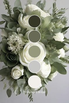 a bouquet with white flowers and greenery in shades of gray, green, brown