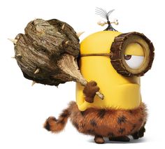 a yellow and brown minion holding a large piece of wood