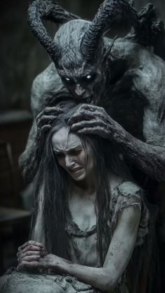 a woman with long hair sitting next to a demon