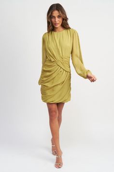 Sophisticated, exclusive, and elegant, this long-sleeved mini dress features intricate ruching for a truly stunning and luxurious look. Perfect for any occasion, this dress will make you feel like a work of art, combining fashion and luxury in one stunning piece. Round neckline Balloon sleeved Dress silhouette Mini dress length Runched design Fabric Contents: 100% Polyester Lining: 100% Polyester Model wears small sizeModel's height 5'9" Balloon Sleeve Dress, Bandage Dress Bodycon, Ruched Mini Dress, Vegan Fashion, Friend Outfits, Design Fabric, Dress Silhouette, Long Sleeve Mini, Bandage Dress