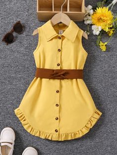 Yellow Cute Collar Sleeveless Woven Fabric Colorblock,Plain Shirt Embellished Non-Stretch  Young Girls Clothing Baby African Clothes, Glamour Clothing, Fancy Short Dresses, Kids Dress Collection, Casual Dresses Plus Size, Western Style Shirt, Chic Dress Classy, Classy Outfits For Women, Cute Short Dresses