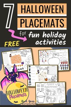 the 7 halloween placemats for fun holiday activities with text overlay that reads, free