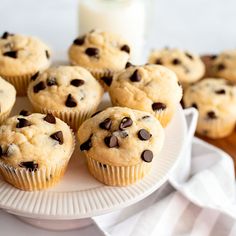 chocolate chip muffins on a plate with milk