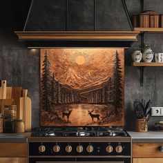 a painting on the wall above a stove in a kitchen with wooden cabinets and an oven