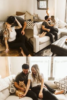 a man and woman sitting on a couch with a cat