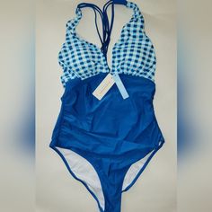 Cupshe Brand Discontinued Style Size Large One Piece Mostly Blue And Top Is Blue And White Buffalo Check Casual Blue One-piece Swimsuit For Pool, Casual Blue One-piece For Pool, Blue Summer One-piece With Lined Body, Blue One-piece With Lined Body For Spring, Blue One Piece With Lined Body For Spring, Blue Lined One-piece For Spring, White Buffalo, One Piece Swimsuit, Blue And White