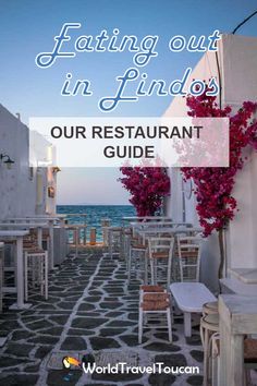 an outdoor dining area with tables and chairs next to the ocean, text reads eating out in india our restaurant guide