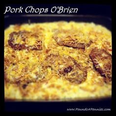 pork chops and onions in a casserole dish with the words pork chops'o'rin above it