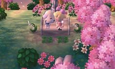 an animal is sitting on a bench in the middle of some pink flowers and trees