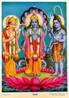 three deities standing in front of a lotus