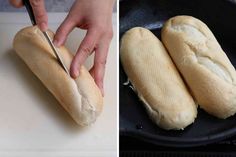 two pictures side by side one has bread and the other has a knife in it