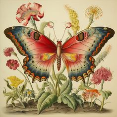 an illustration of a colorful butterfly sitting on top of flowers