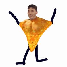 a man with no shirt on holding up his arms and legs in the shape of a slice of pizza