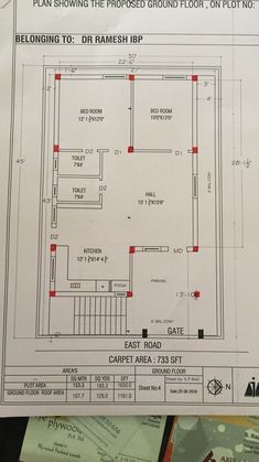 the plan for an apartment building is shown in red and black, along with other plans