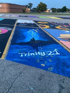 the parking lot has been painted with many different colors and designs, including an image of hogwart's castle