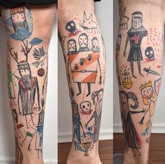 three different pictures of people with tattoos on their legs