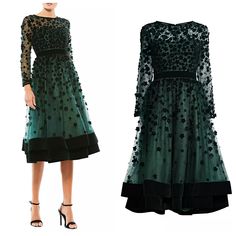 Floral Appliqu Adds Dimension To This Organza And Velvet Tea-Length Dress. Bateau Neckline Long Sleeves Back Zip Banded Waist Layered A-Line Skirt Lined Polyester Size 16, Nwt Embellished Green Dresses For Fall, Embellished Green Dress For Fall, Green Cocktail Midi Dress For Holiday, Fall Green Embellished Dresses, Green Holiday Cocktail Midi Dress, Fall Embellished Green Dresses, Elegant Green Festive Midi Dress, Elegant Festive Green Midi Dress, Elegant Green Midi Dress For Festive Season