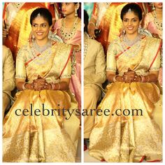 Bride in Benaras Golden Silk Sari Golden Saree, Indian Flowers, Hand Work Blouse, Hand Work Blouse Design