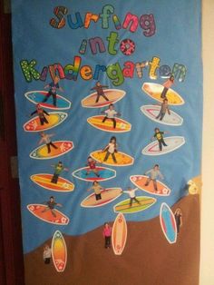 a bulletin board with surfers on surfboards in the center and words surfing into kindergarten