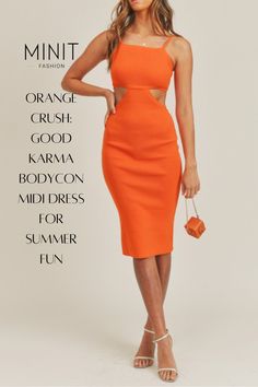 a woman in an orange dress with the words,'minit crisse good karma