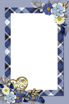 a blue and white plaid frame with flowers