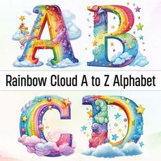 rainbow cloud to z alphabet with stars and clouds