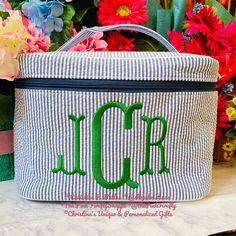 Pack in preppy style with this personalized seersucker train case! Perfect for travel or organizing your bathroom, this embroidered case adds a touch of charm. Choose pink or navy and add your initials or name for a personal touch. Stitched embroidered in the USA. Dimensions: 10.4" Inches Long 6.7" Inches Wide 7.3" Tall Material: Cotton Seersucker Fully Lined: Nylon Zipper Closure Included Mirror Monogramming Etiquette: GIRLS Monogram= First, LAST, Middle Please keep in mind, that the longer the name the shorter the embroidery will be. All sales are final on this item. No returns or exchanges. Thank you and we hope you will love your purchase!! Bathroom Bag, Ginger Snaps Jewelry, Jewelry By Brand, Personalized Cosmetic Bags, Cocktail Glassware, Train Case, Snap Jewelry, Unique Personalized Gift, Gift Boutique