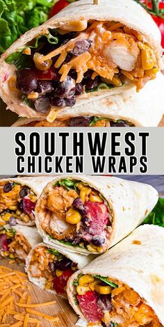 southwest chicken wraps on a cutting board with text overlay